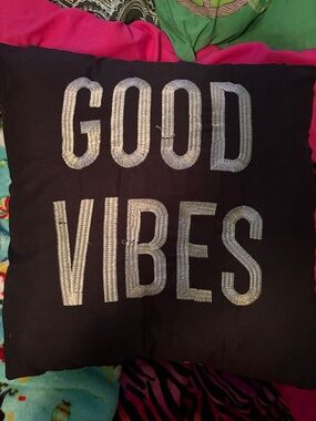 Good Vibes Black Decorative Pillow with Silver Lettering